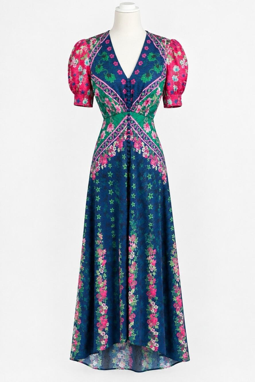 Saloni 4 100% Silk Maxi Dress Navy Pink Floral Puff Sleeve V Neck UK 8 Boho